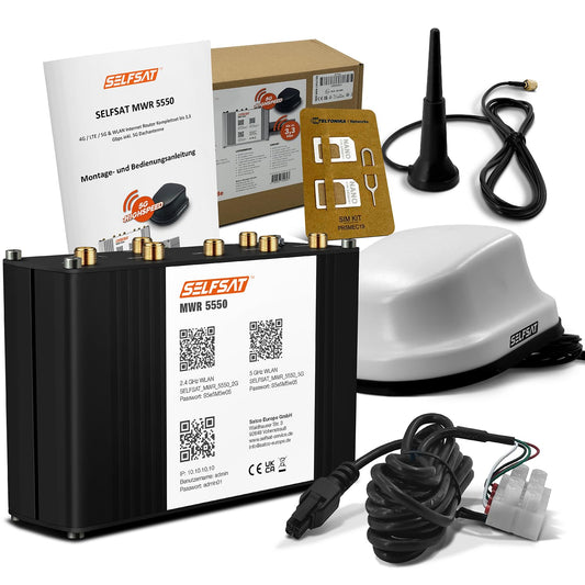 SELFSAT MWR 5550 balts (4G / LTE / 5G un WLAN interneta maršrutētājs līdz 3,3 Gbps, ieskaitot 5G jumta antenu), saderīgs ar Starlink