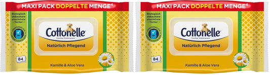 Mitrās tualetes salvetes Cottonelle ar kumelītēm un alveju, dabīgi kopjošas, bioloģiski noārdāmas, bez plastmasas, atkārtoti aizveramas, 2 iepakojumi pa 84 salvetēm