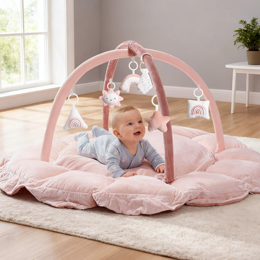 Mallify 5-in-1 pārveidojama bērnu spēļu arka ar 6 rotaļlietām, rotaļu paklājs ar arku un bumbiņu baseinu, mazuļu spēļu arka 0-6 mēneši, mīksts rāpošanas paklājs, Baby Gym Play Mat meitenēm, gaiši rozā