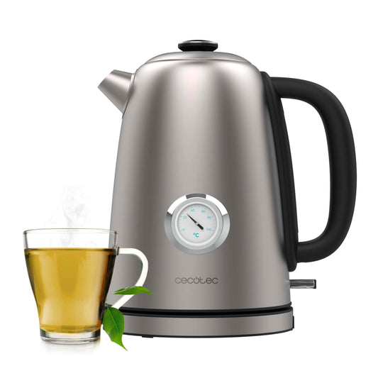 Cecotec elektriskā tējkanna - 1,7L, 2200W, nerūsējošā tērauda, 360° pamatne, analogs termometrs, pretkaļķu filtrs.