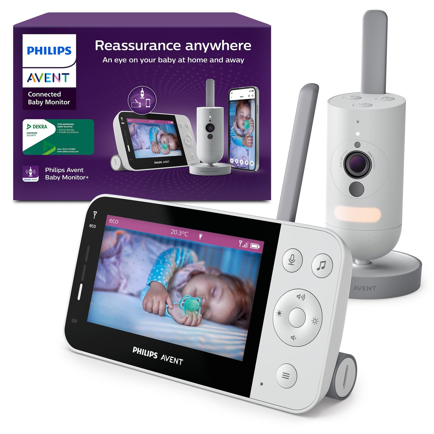 Philips AVENT bērnu monitors ar kameru un Wi‑Fi, augstas kvalitātes HD kamera, infrasarkanā nakts redzamība, raudāšanas noteikšana, divvirzienu saziņa, DEKRA sertificēts privāti un droši, SCD951/26
