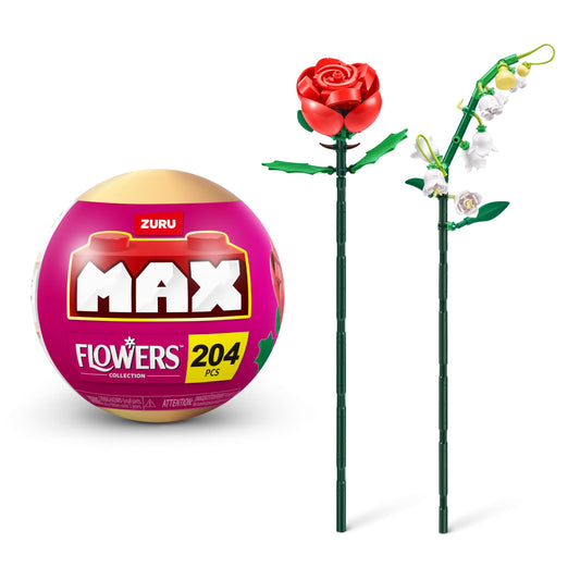 MAX Premium ziedu celtniecības ķieģeļu kolekcija - 243 gabali, 2 ziedi kapsulā, 10 kolekcijā, maijpuķīte un roze.