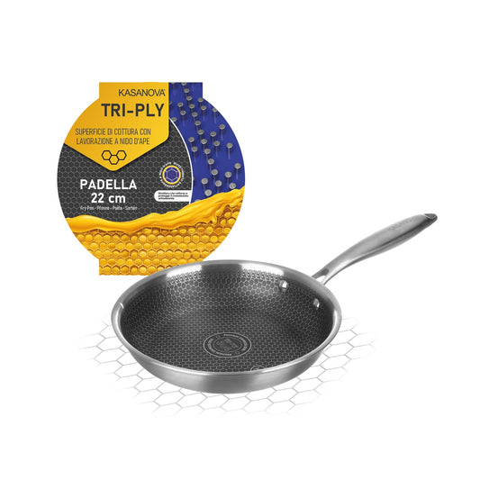 Kasanova trīsslāņu cepamā panna 22 cm - 3 slāņi, neitrāla, izturīga, vienmērīga siltuma izkliede.