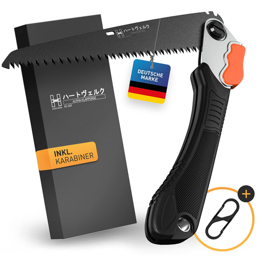 Saliekams zāģis HARDTWERK ALPHA ar Safety Lock 210mm dārzam, āra aktivitātēm un bushcraft, ar S-karabīni, roku zāģis kokam no SK5 oglekļa tērauda