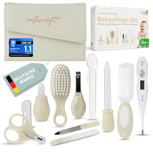 Zīdaiņu kopšanas komplekts TPFFamily jaundzimušajiem (krēmkrāsā) – 11 daļu newborn baby set ar augstas kvalitātes mazuļa nagu šķērītēm, termometru, birstīti un vēl vairāk