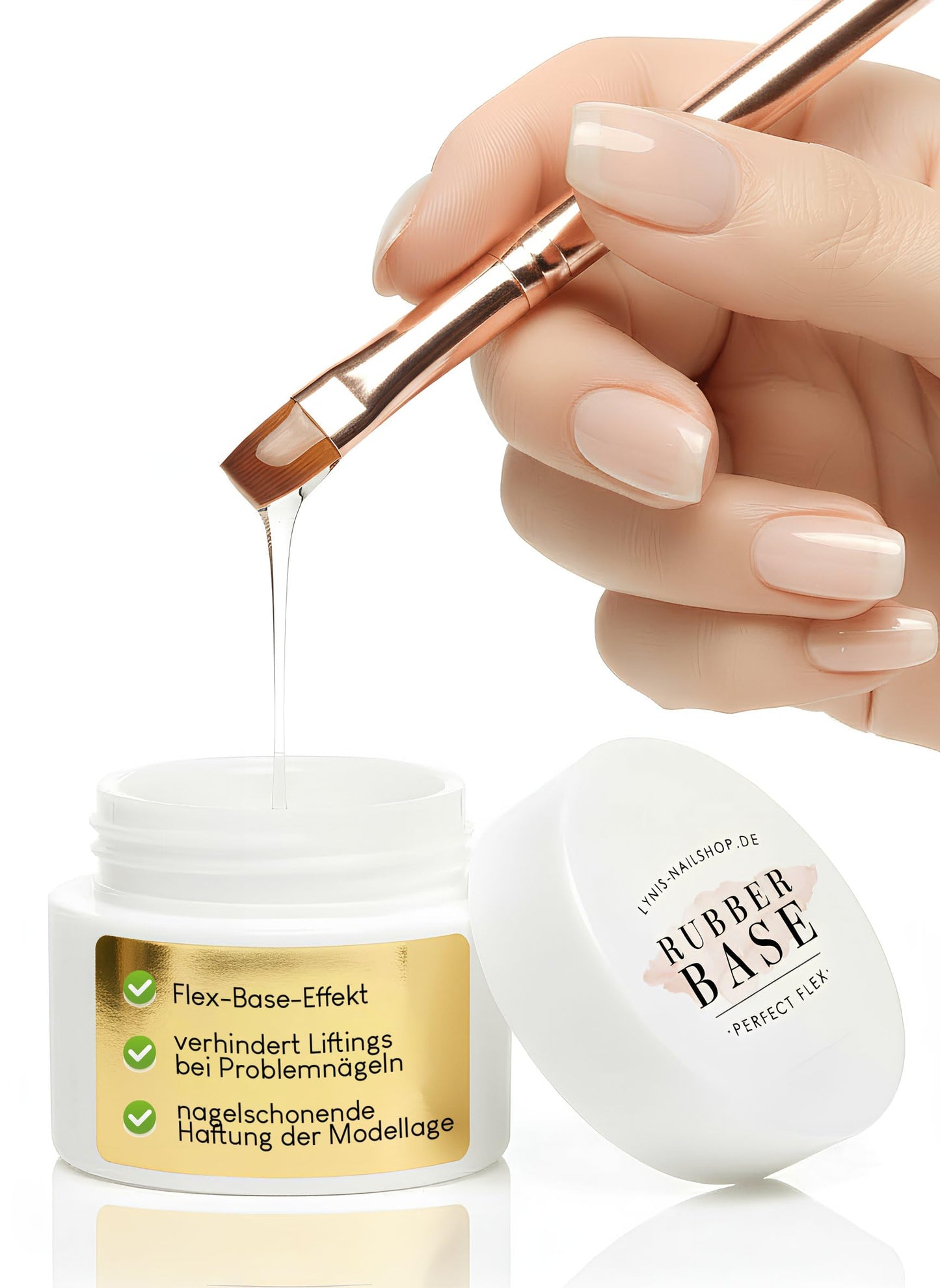 Rubber Base Gel Perfect Flex, caurspīdīgs, 15ml, elastīgs gumijas bāzes un grunts gēls, LED/UV, Lynis-Nailshop.de