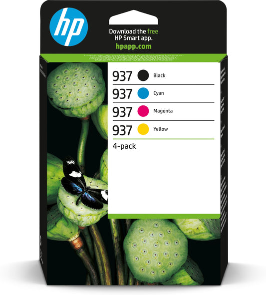 HP 937 Printer Cartridge Set - 1 Black, 1 Cyan, 1 Magenta, 1 Yellow for OfficeJet Pro 9720e, 9730e All-in-One Printers