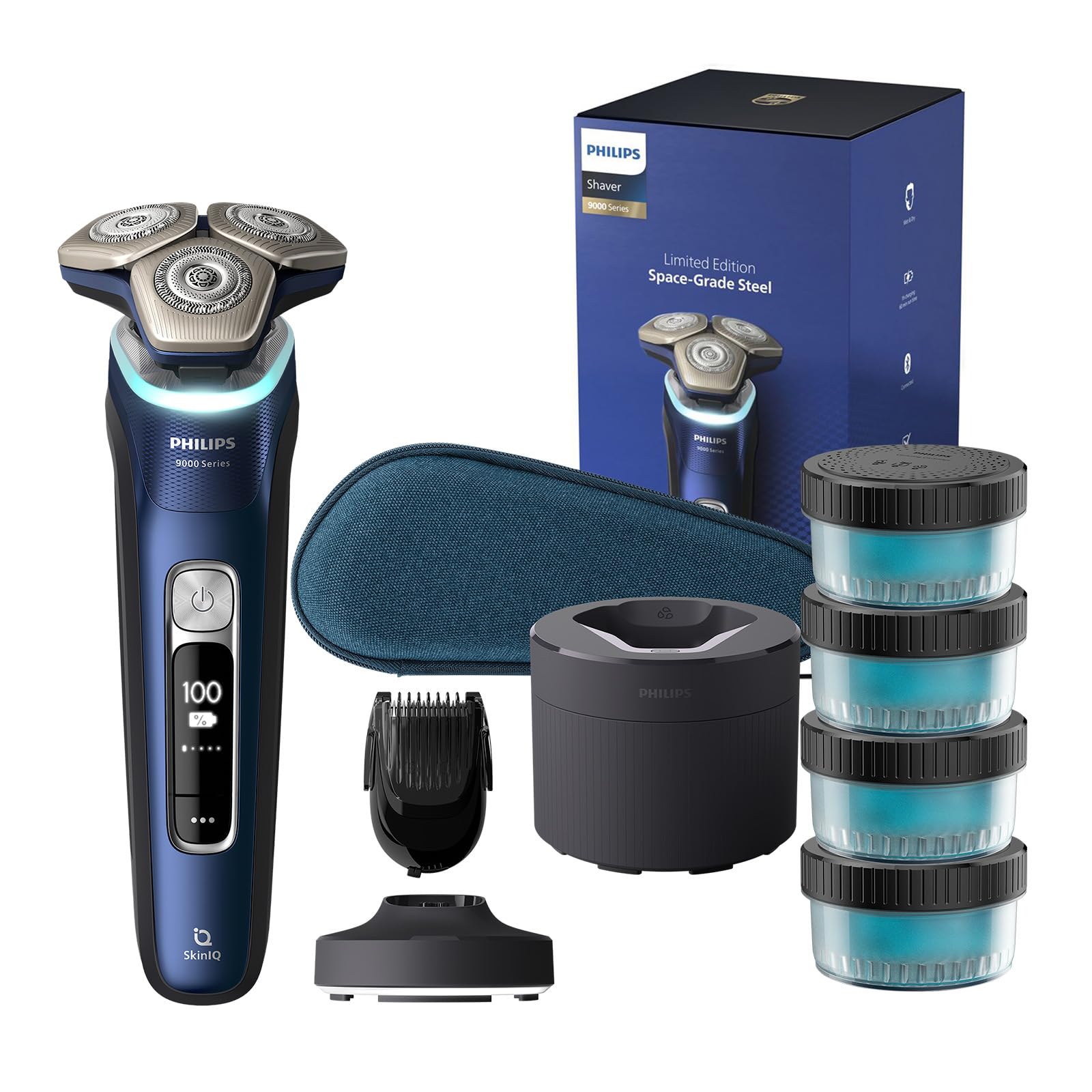 Philips skuveklis Series 9000 – Elektriskais mitrā un sausā skuveklis vīriešiem zilā krāsā ar Lift and Cut sistēmu, SkinIQ tehnoloģiju, iznirstošu trimmeri, uzlādes staciju un ceļojumu somu (modelis S9980/74)
