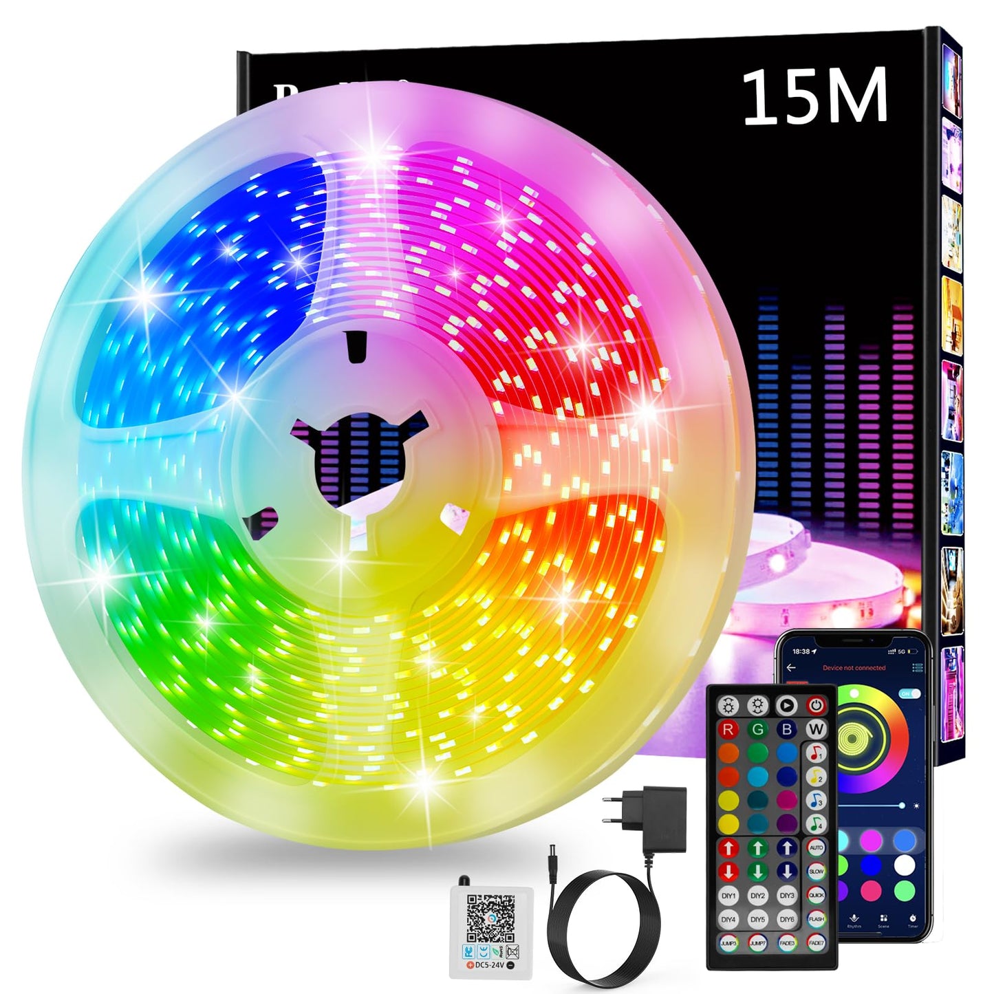 LED lente 15m, RGB LED lente, Bluetooth viedā LED lente, pašlīmējoša, ar tālvadību un APP, dimmējama, mūzikas sinhronizācija, taimera iestatījums spēļu istabai, virtuvei, ballītēm