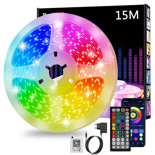 LED lente 15m, RGB LED lente, Bluetooth viedā LED lente, pašlīmējoša, ar tālvadību un APP, dimmējama, mūzikas sinhronizācija, taimera iestatījums spēļu istabai, virtuvei, ballītēm