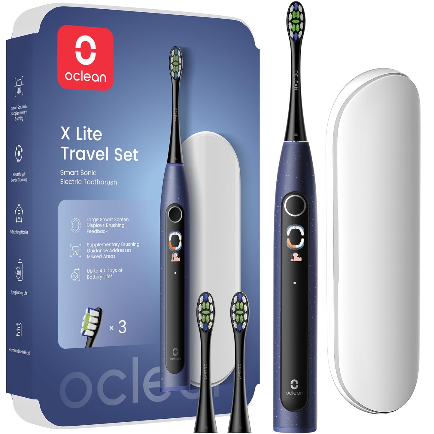 Elektriskā zobu birste Oclean X Lite Blue Gift Set ar 3 maināmajām galviņām, IPX7 ūdensizturība, 5 tīrīšanas režīmi, taimeris, ceļojumu futrālis