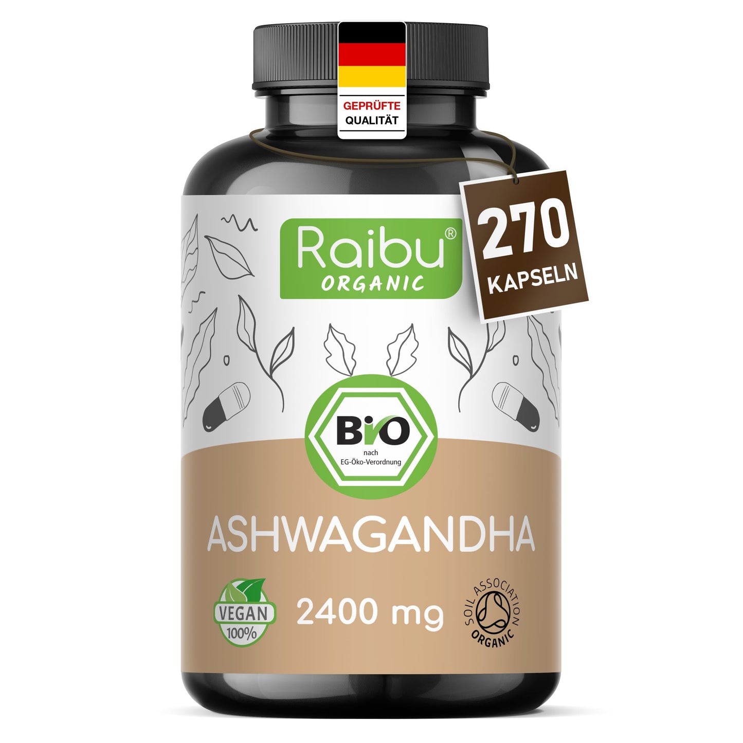 Bioloģiskas ašvagandas kapsulas Raibu, 270 kapsulas, 2400mg dienas devā