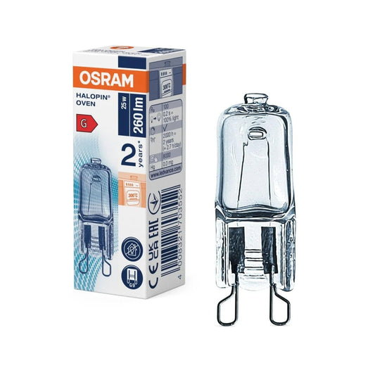 Cepeškrāsns lampa OSRAM Halopin, 230 V, 25 W, G9 halogēna, tapas formas, augstām temperatūrām, Bosch, Neff, Siemens, DeLonghi, Ocean, Fagor cepeškrāsnīm un mikroviļņu krāsnīm