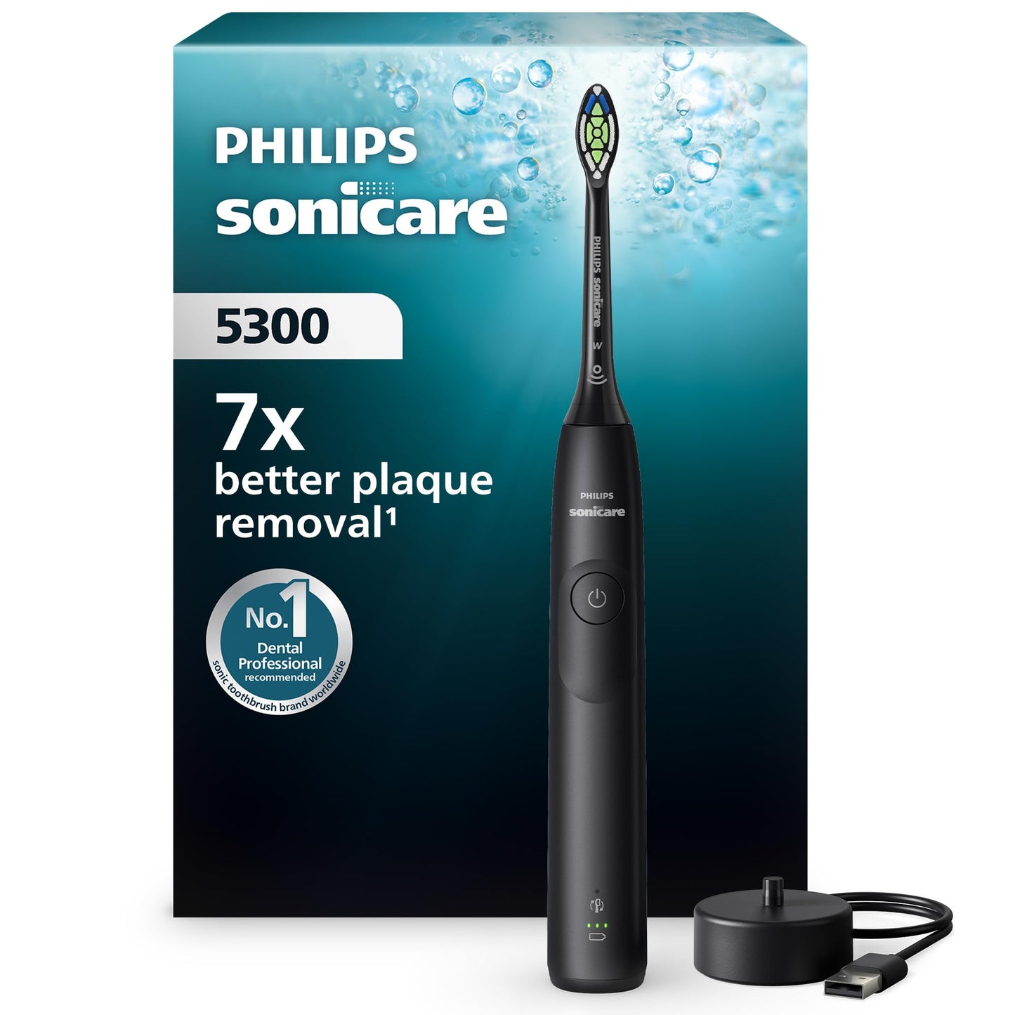 Philips Sonicare 5300 elektriskā zobu birste, skaņas zobu birste ar 2 intensitātes līmeņiem, spiediena kontrole, EasyStart, Smartimer un BrushPacer, melna, modelis HX7101/01 [Jauna tehnoloģija]