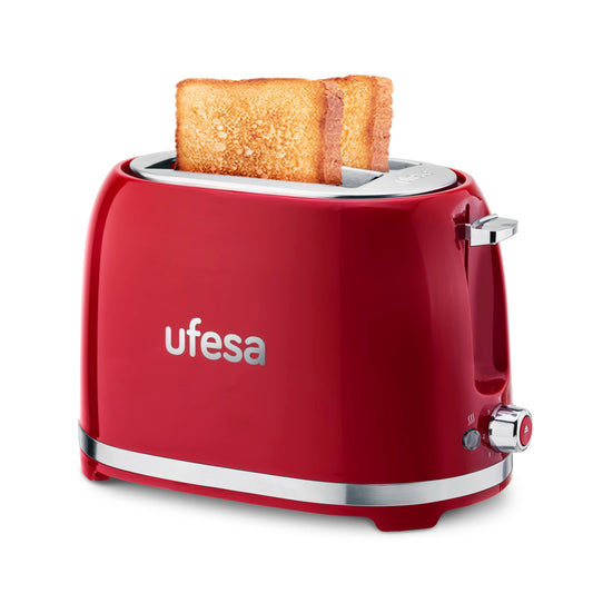 Ufesa tosteris 2 šķēles retro sarkans klasiskā pinup, vintage dizains, 850 W, 2 ekstra platām atverēm sviestmaizes tosteris, piemērots visiem maizes veidiem, 7 brūnināšanas pakāpes, kabeļa savācējs, drupatu trauks
