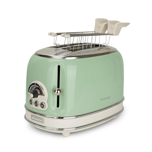 Ariete Vintage 155, 2 šķēru tosteris, retro tosteris ar 6 grauzdiņu līmeņiem, automātiska izmešana, atkausēšanas funkcija, izņemama drupaču kaste, nerūsējošā tērauda korpuss, ar sviestmaizes knaiblēm, 810W, vert.