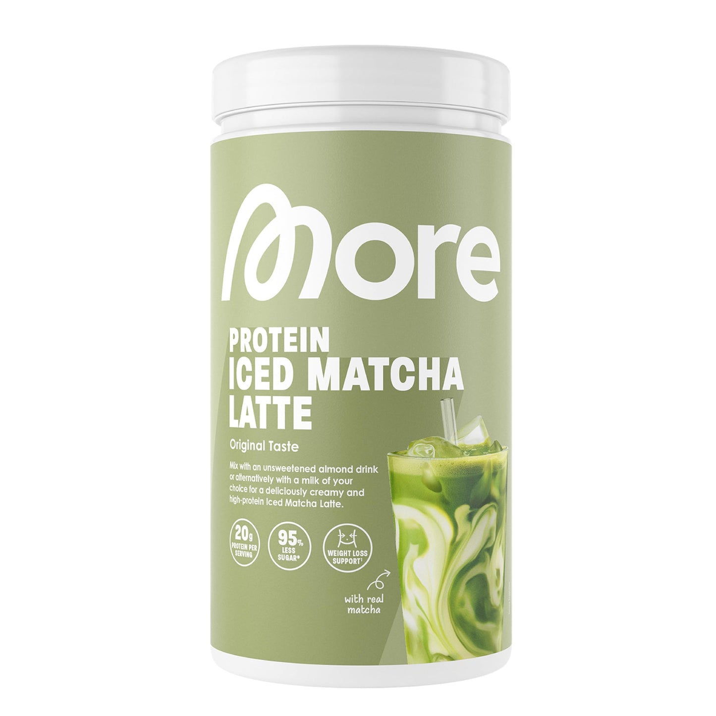Proteīna aukstais matcha latte MORE Protein, 500g – matcha zaļās tējas pulveris, 20 g olbaltumvielu porcijā