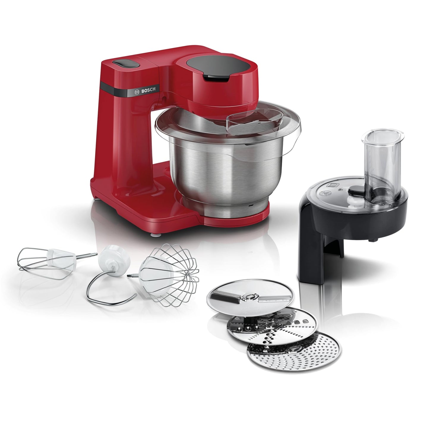 Bosch virtuves kombains sērija 2 MUMS2ER01, nerūsējošā tērauda bļoda 3,8 L, planētas maisītājs, mīcīšanas āķis, putošanas un maisīšanas sloti nerūsējošā tērauda, caurplūdes griezējs, 3 diski, 700W, sarkans