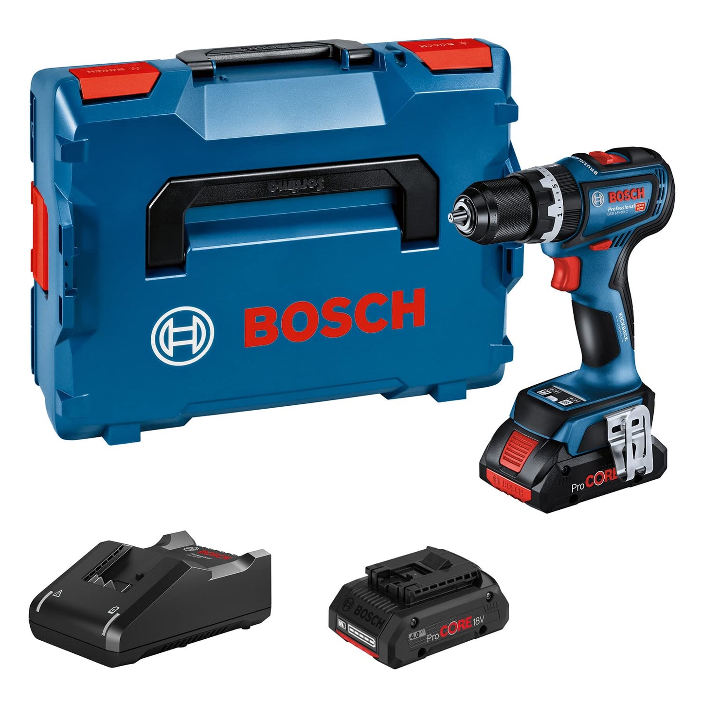 Bosch Professional 18V triecienurbjmašīna GSB 18V-90 C - 2x ProCORE 4.0Ah akumulatori, ātrā lādētājs, L-BOXX
