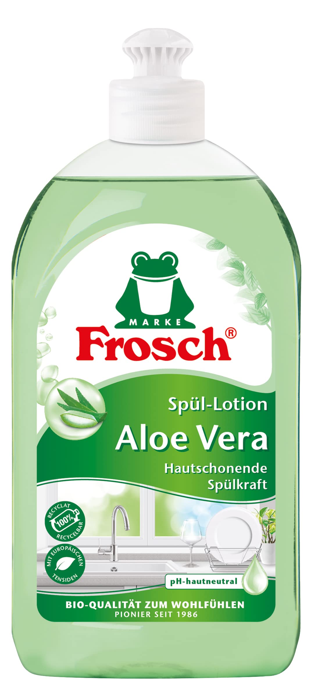 Trauku mazgāšanas līdzeklis Frosch Aloe Vera Spül-Lotion, jutīgai roku ādai, ļoti laba ādas saderība, 500 ml