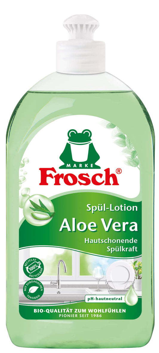 Trauku mazgāšanas līdzeklis Frosch Aloe Vera Spül-Lotion, jutīgai roku ādai, ļoti laba ādas saderība, 500 ml