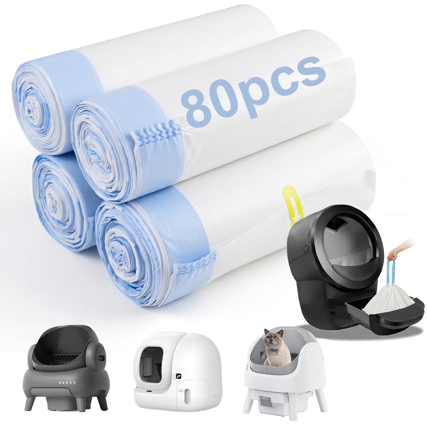 Pašattīroša kaķu tualetei paredzētie maisiņi DRADERCH 80 gab., ar aukliņām, saderīgi ar Litter Box Robot 3/4, PetPivot AutoScooper 11/12, PURA MAX/PuraMax, S20