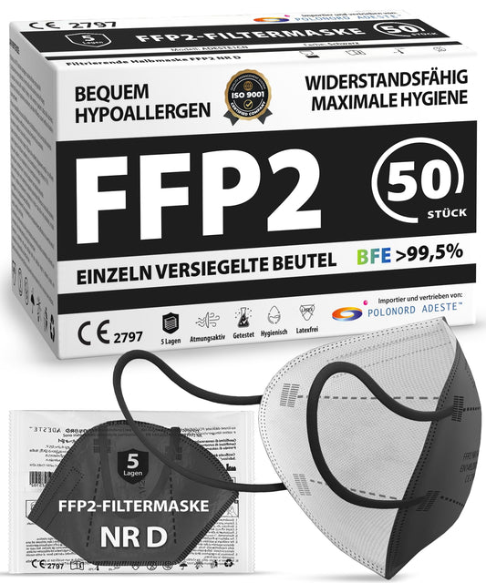 Polonord Adeste FFP2 maska, melna, 50 gab., CE sertificēta, atsevišķi iepakoti maisiņi