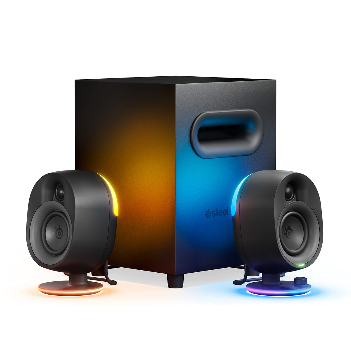 2.1 spēļu skaļruņi SteelSeries Arena 7, divvirzienu skaļruņu dizains, spēcīgi basi, zemfrekvences skaļrunis, reaktīvs RGB, USB, Aux, optiskais, vadu Bluetooth, PC, PlayStation, mobilās ierīces, Mac, Black