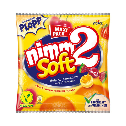 Košļājamās konfektes ar pildījumu nimm2 soft, vegāniska augļu garšu konfekte, 345 g