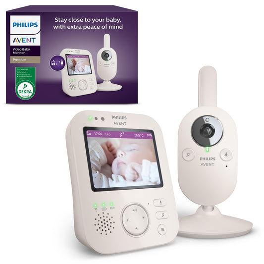 Philips AVENT Philips Babyphone ar kameru Premium - DEKRA sertificēts, privāts un drošs - 3.5" displejs, x4 tālummaiņa, nakts redzamība, šūpuļdziesmas un termometrs (SCD891/26)