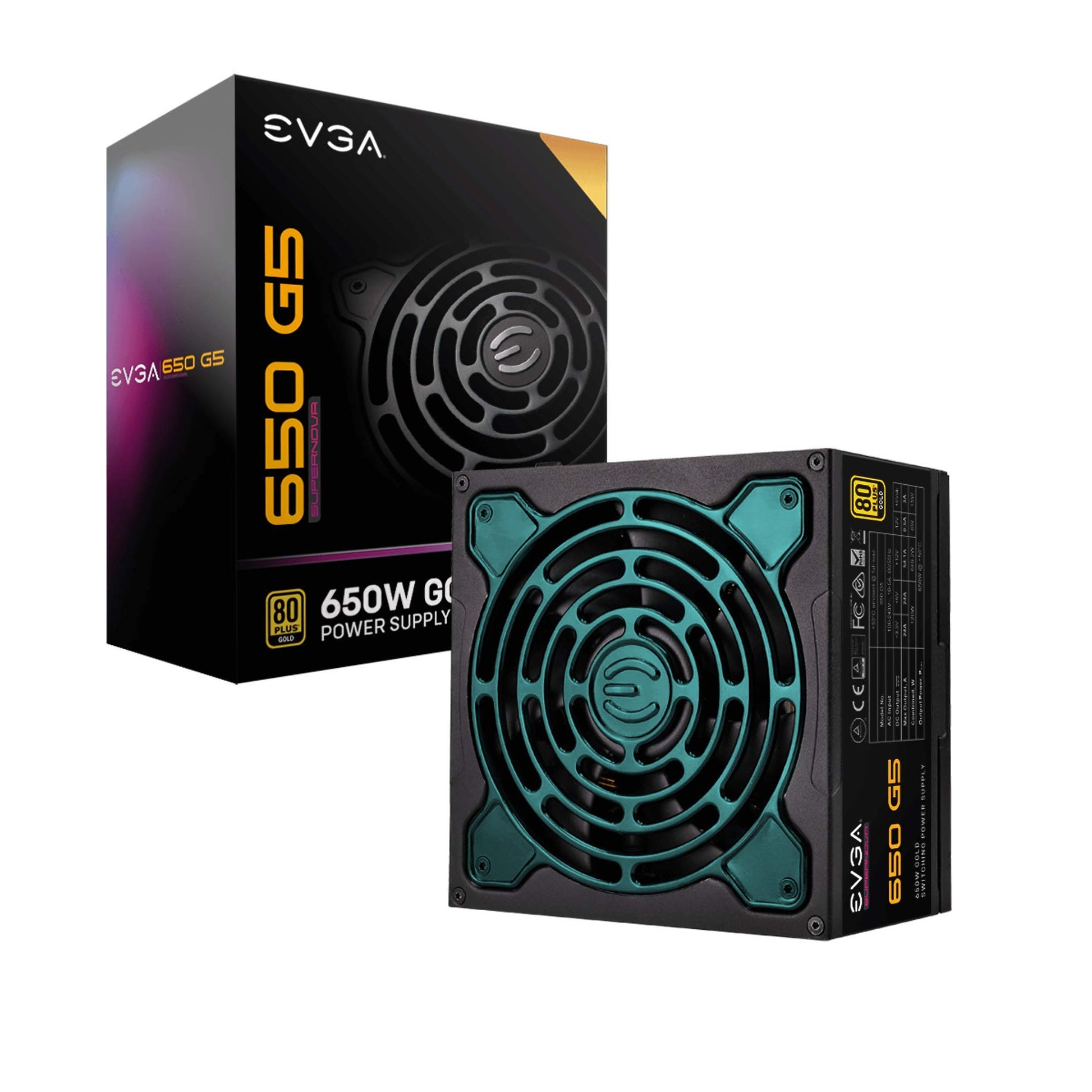 EVGA SuperNOVA 650 G5 - 80 Plus Gold, fully modular, Eco mode, FDB fan, 10-year warranty, compact 150mm size.