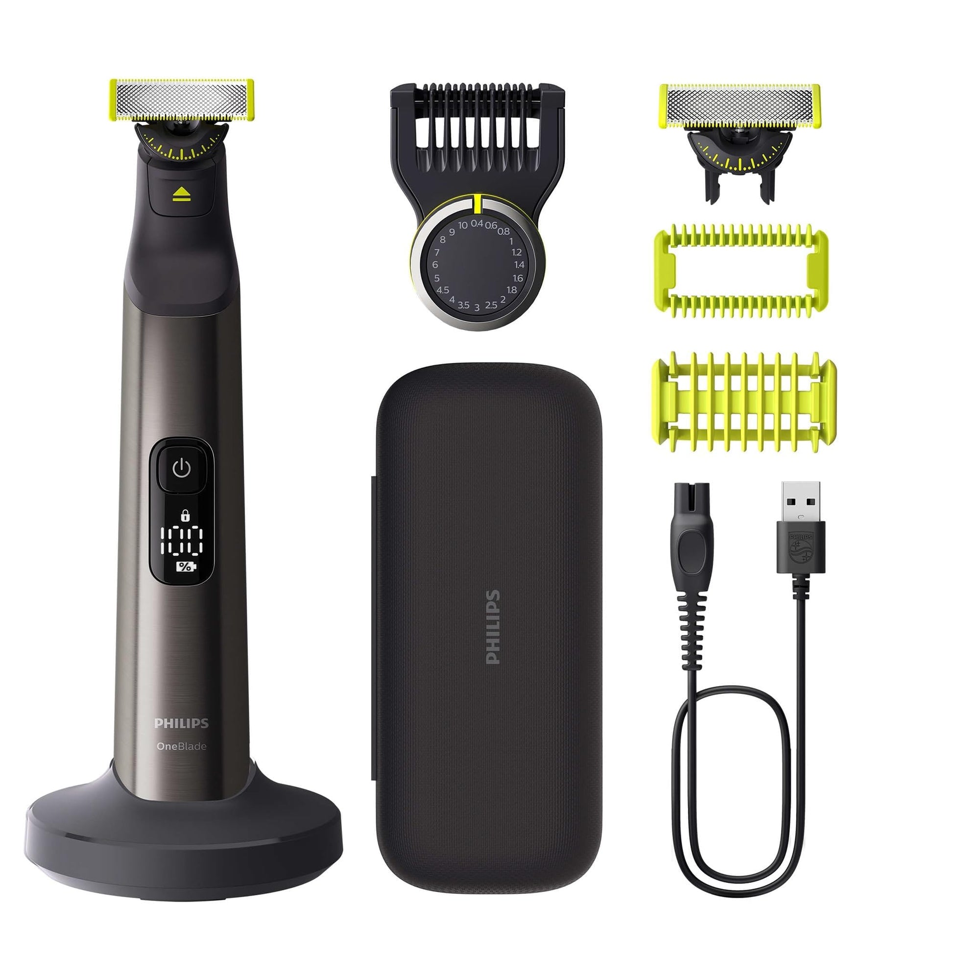 PHILIPS OneBlade Pro 360 Seja & Ķermenis - elektriskais skuveklis, trimmeris un ķermeņa kopšanas ierīce, 2x 360 asmeņi, precizitātes ķemmes, 2x ķermeņa uzgaļi, ceļojumu soma, uzlādes stacija, sejai un ķermenim (QP6652/30)