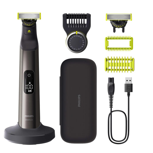 PHILIPS OneBlade Pro 360 Seja & Ķermenis - elektriskais skuveklis, trimmeris un ķermeņa kopšanas ierīce, 2x 360 asmeņi, precizitātes ķemmes, 2x ķermeņa uzgaļi, ceļojumu soma, uzlādes stacija, sejai un ķermenim (QP6652/30)