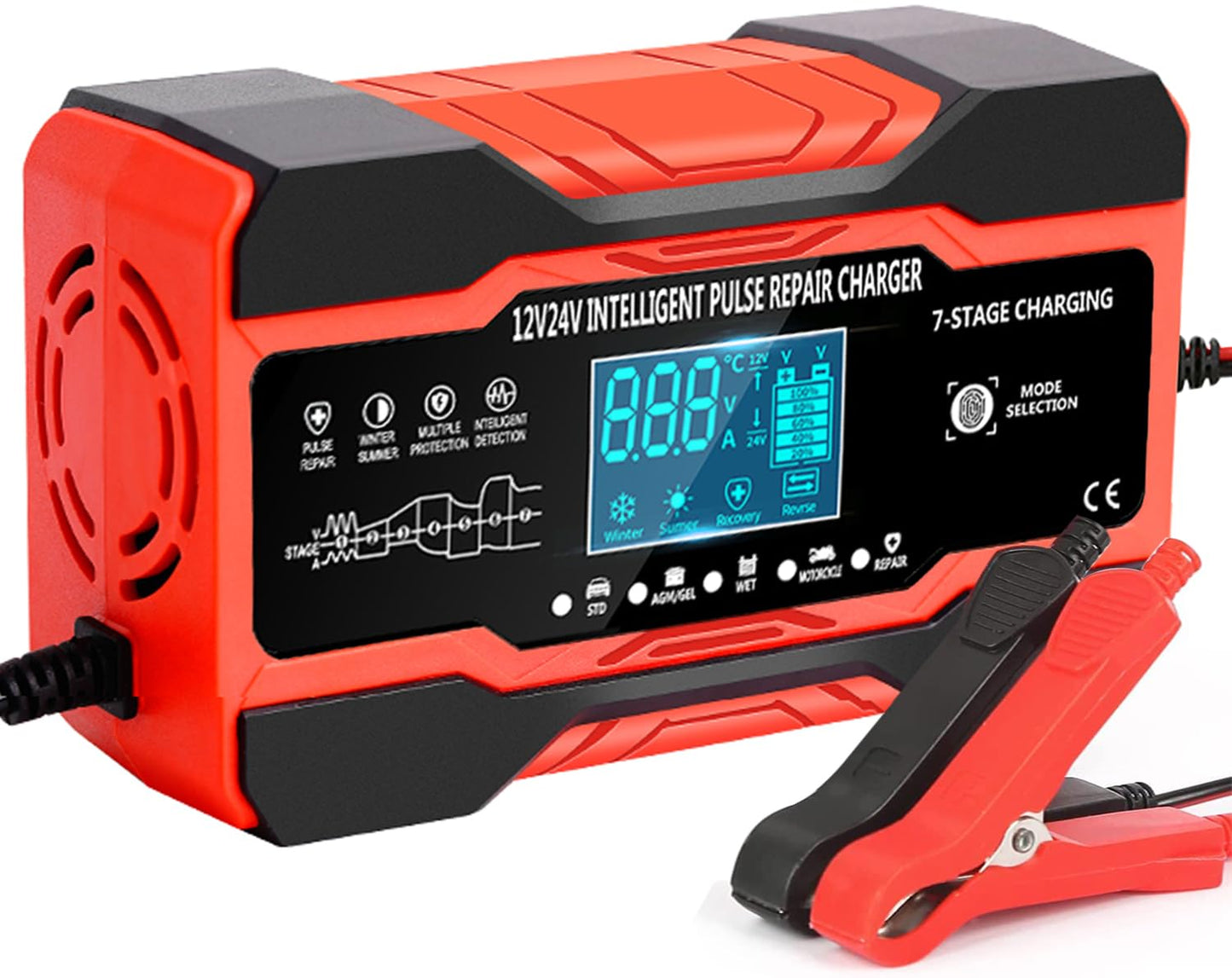 Automašīnas akumulatora lādētājs 10A, 12V/24V viedais pilnībā automātiskais lādētājs ar 7 pakāpju uzlādi un LCD displeju, AGM, Wet un Gel svina-skābes akumulatoriem