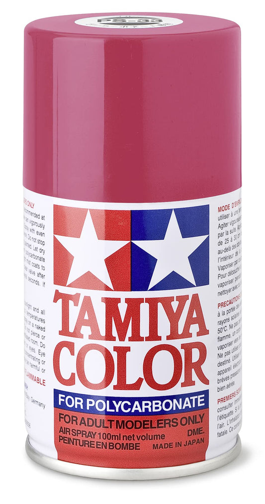 Tamiya 86033 PS-33 ķiršu sarkans - 100ml aerosola krāsa polikarbonātam, ideāla RC modeļu un amatniecības projektiem.