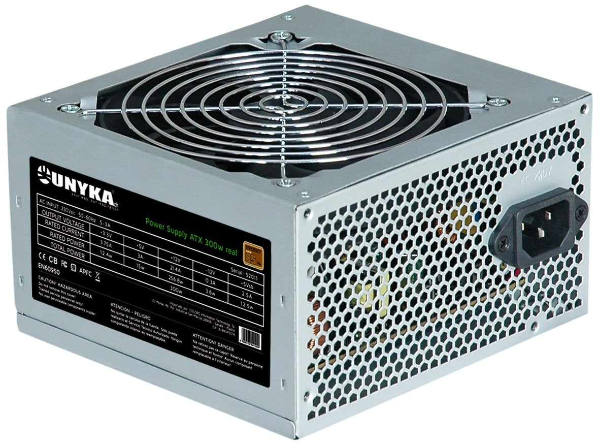 UNYKAch ATX 300 W - 300 W aluminum power supply, 230 V, 50-60 Hz, active, 12.4 W, ideal for PC builds.