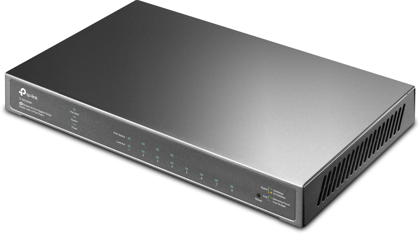 TP-Link Omada SG2008P viedais Gigabit PoE+ slēdzis, 8 portu Ethernet slēdzis ar 4 PoE+ portiem, 62W PoE budžets, Cloud un atsevišķa pārvaldība, VLAN, QoS, bezventilatora metāla korpuss