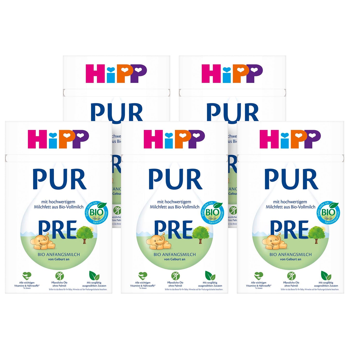 Zīdaiņu maisījums HiPP PRE PUR Anfangsmilch 5 x 500g, no dzimšanas, ar augstvērtīgiem piena taukiem no bioloģiska pilnpiena, bez palmu eļļas, tikai laktoze, ar svarīgiem vitamīniem un uzturvielām, bagātīga garša