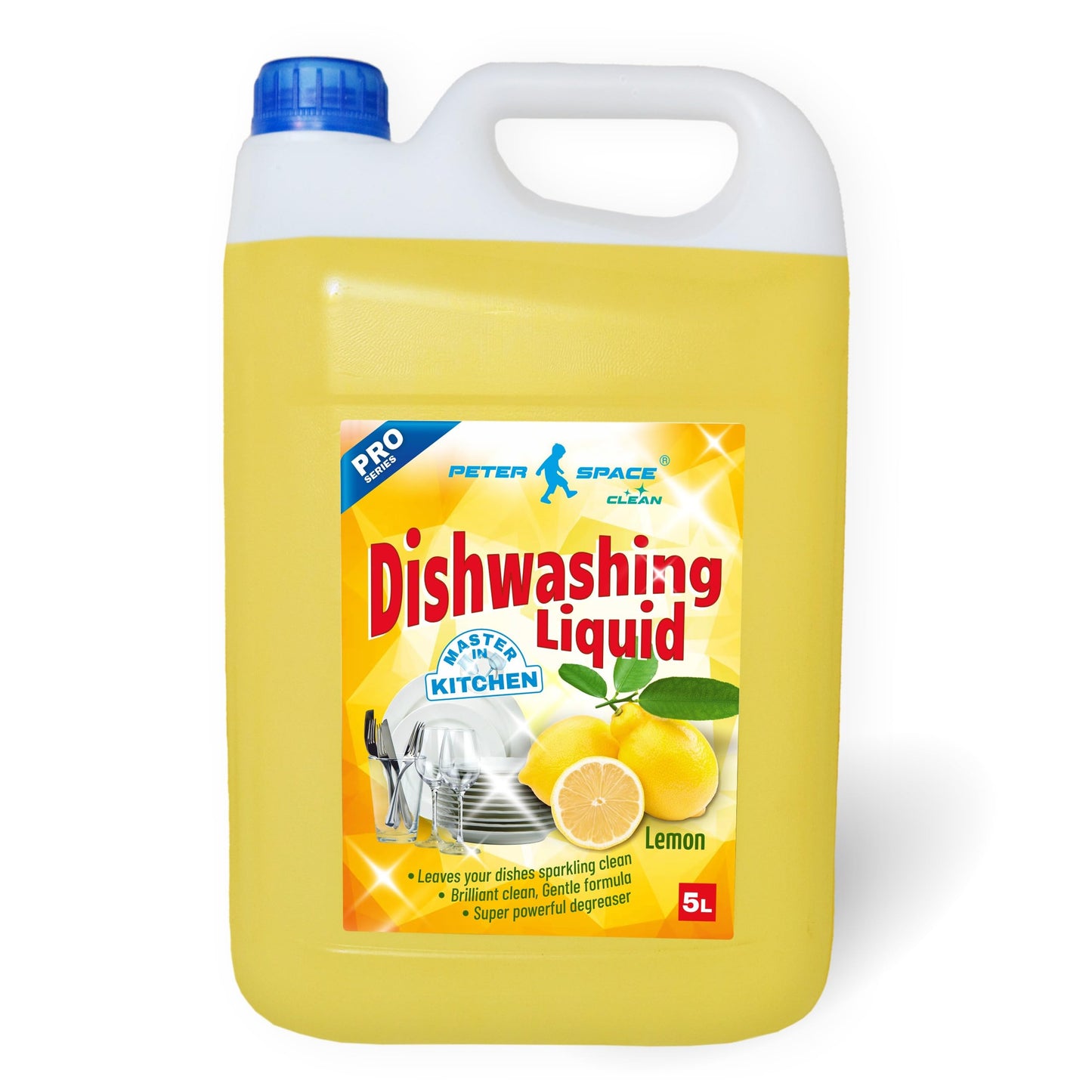Trauku mazgāšanas līdzeklis, roku trauku mazgāšanas līdzeklis, citrons, 5 Liter Kanister, augsta tauku noņemšanas spēja, efektīvi tīra arī aukstā ūdenī, Peter Space