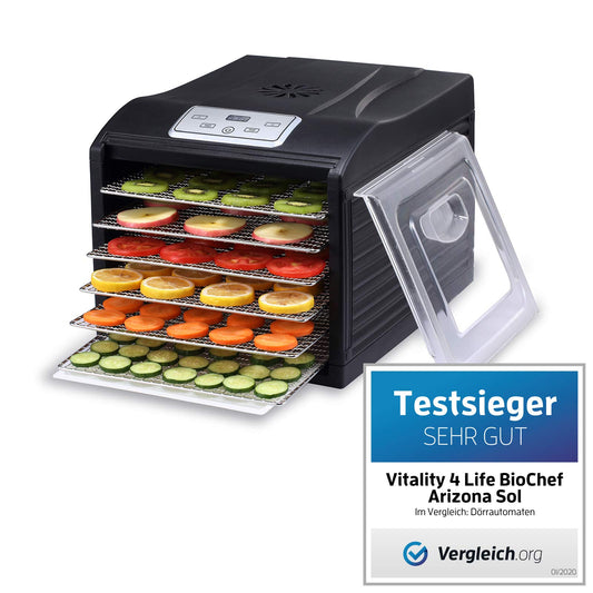 BioChef Arizona Sol Dehidratators ar 6 nerūsējošā tērauda plauktiem PLUS digitālais taimeris + termostats, 1 x pretpiedeguma plēve, 1 x smalks sietiņš, 1 x notekas panna (melna)