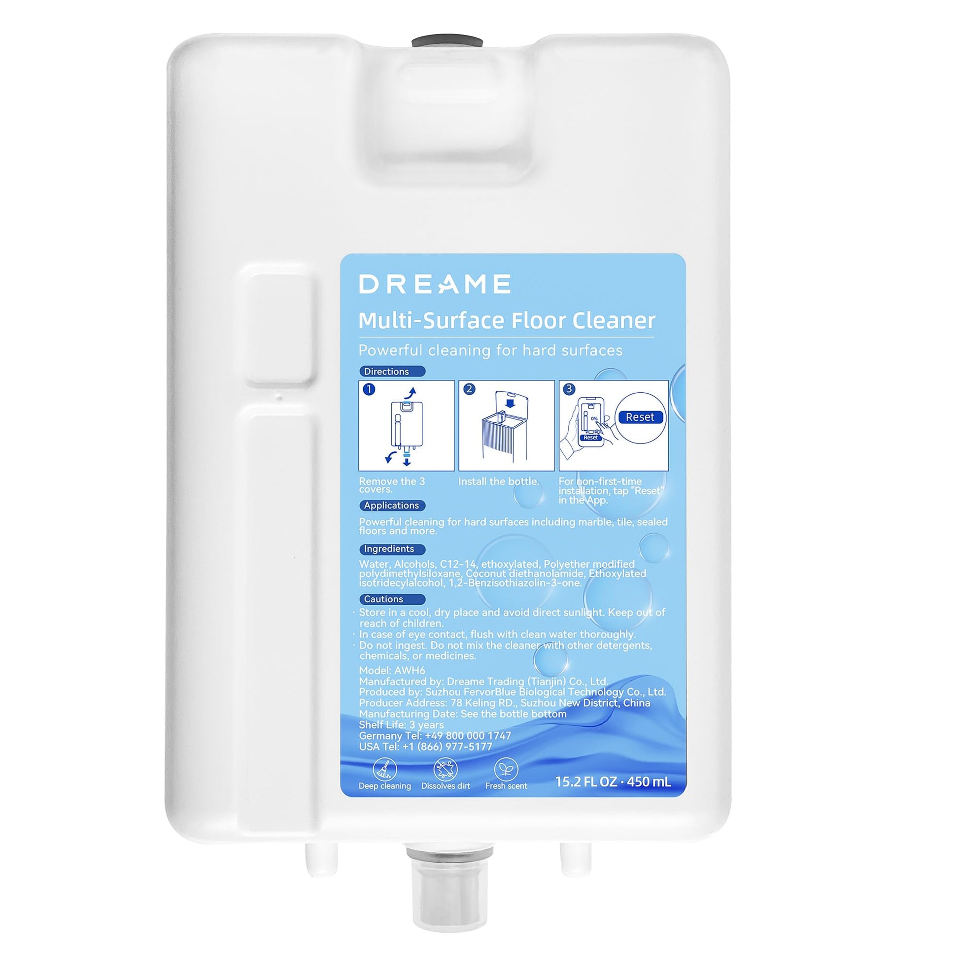 Dreame tīrīšanas šķīdums - 450 ml daudzvirsmu pudele robotu putekļsūcējam L20 Ultra, efektīvai un rūpīgai tīrīšanai.