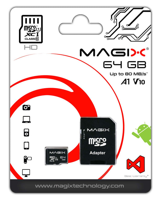 Magix MicroSD atmiņas karte HD sērija klase 10 V10 + SD adapteris līdz 80 MB/s (64GB)