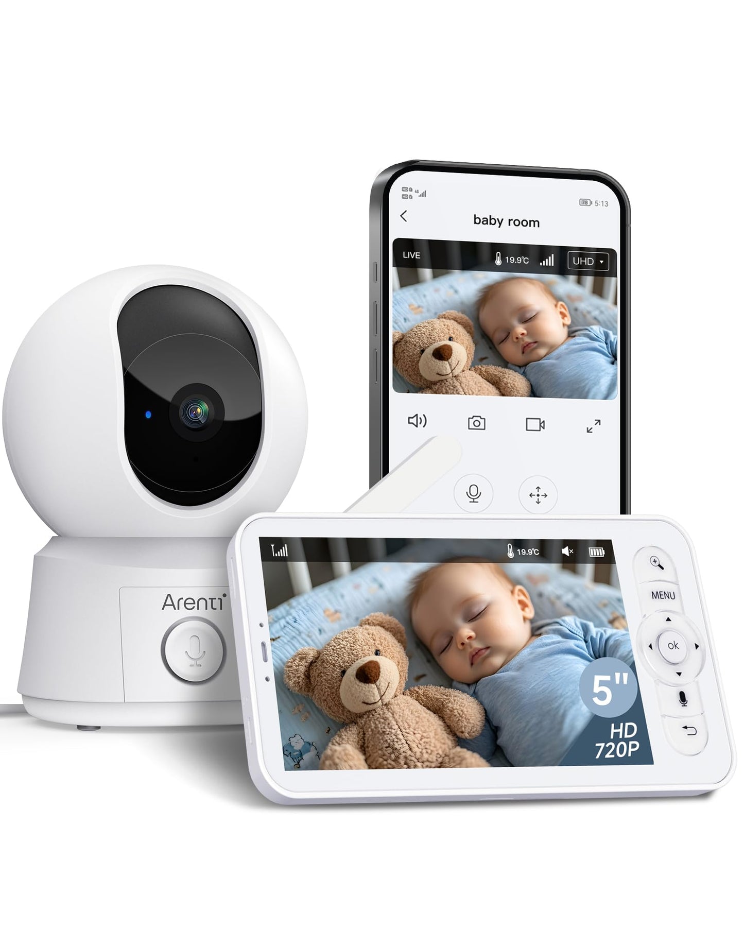 ARENTI baby monitors ar kameru un lietotni ar 5" displeju, 1080P PTZ video bērnu monitors ar kameru, zvans ar vienu pieskārienu, temperatūras sensors, šūpuļdziesma, nakts redze, divvirzienu audio, VOX režīms, automātiska izsekošana