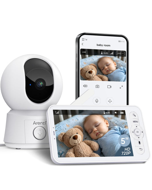 ARENTI baby monitors ar kameru un lietotni ar 5" displeju, 1080P PTZ video bērnu monitors ar kameru, zvans ar vienu pieskārienu, temperatūras sensors, šūpuļdziesma, nakts redze, divvirzienu audio, VOX režīms, automātiska izsekošana