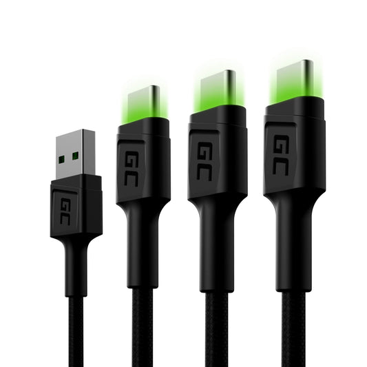 Green Cell SET 3x USB-A - 2m USB-C cables with LED lighting, fast charging, compatible with Samsung Galaxy S23 S22 S21 S20.