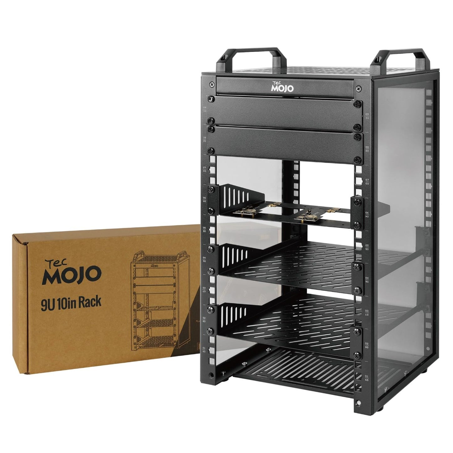 Tecmojo 10 collu 9HE 200mm dziļš desktop mini statīvs, tīkla skapis, ar SBC ieliktni, Micro-HDMI uz HDMI adaptera plati, aklo paneli, 10" AV, NAS un servera ierīcēm, melns