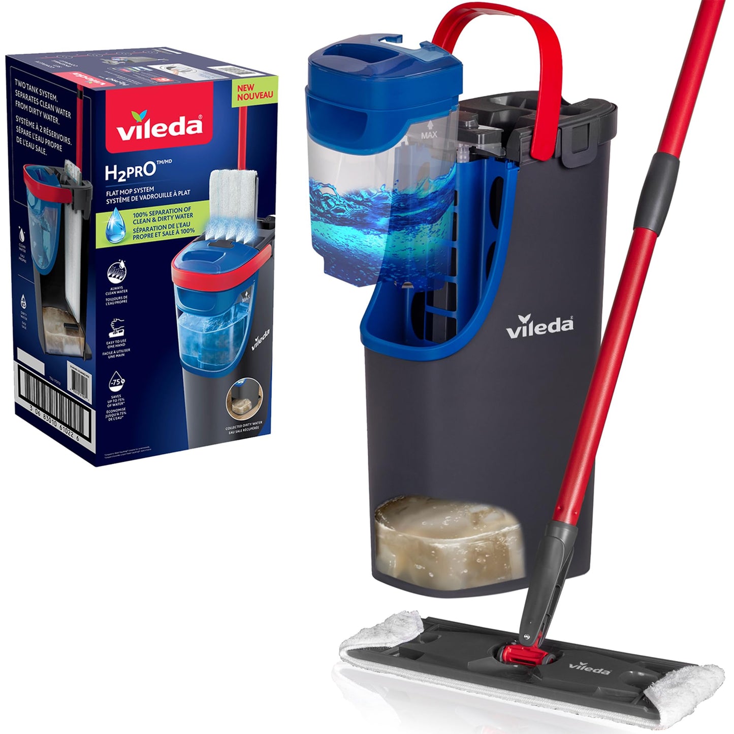 Grīdas mops Vileda H2PrO, mikrošķiedra, tīrā un netīrā ūdens atdalīšana