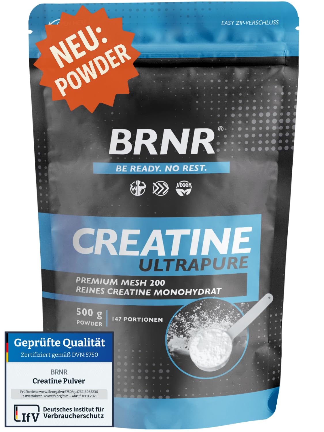 Kreatīns monohidrāts pulveris BRNR, ultrapūderis, pārbaudīts un tīrs, 500 g