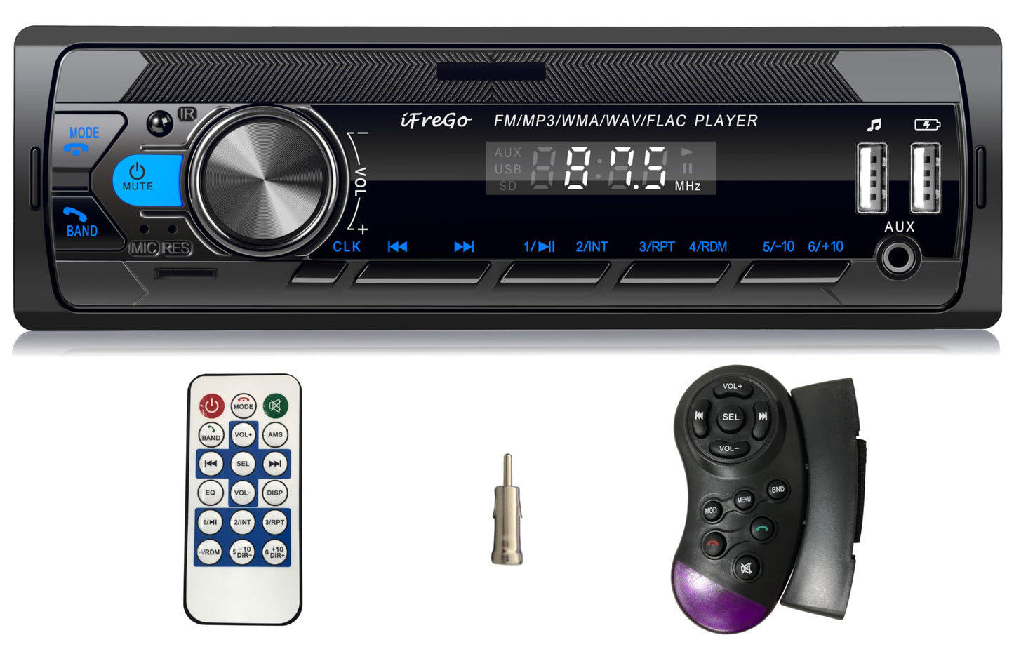 Autoradio iFreGo Bluetooth 5.0, 7 krāsu auto radio ar Bluetooth brīvroku sistēmu, 1Din autoradio ar 2 USB/TF/MP3 atskaņotāju/AUX, FM radio ar ātrās uzlādes funkciju, 4x65W, pulksteņa displejs (bez CD)