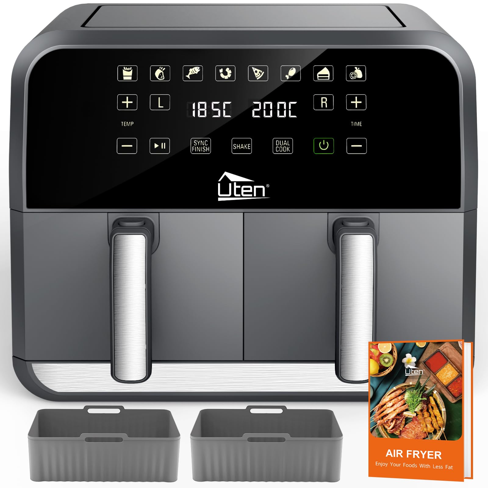 Uten Doppel Heißluftfritteuse, 8L Heißluftfritteuse Dual Zone, XXL Airfryer ar 2 kamerām, silikona paliktņiem, 114 receptēm, digitālais displejs ar SYNC FINISH, Shake-atgādinājums, mazgājams trauku mazgājamajā mašīnā, E1905